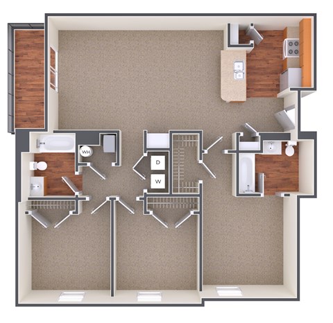 A floor plan of a house with a kitchen, living room, and bathrooms.